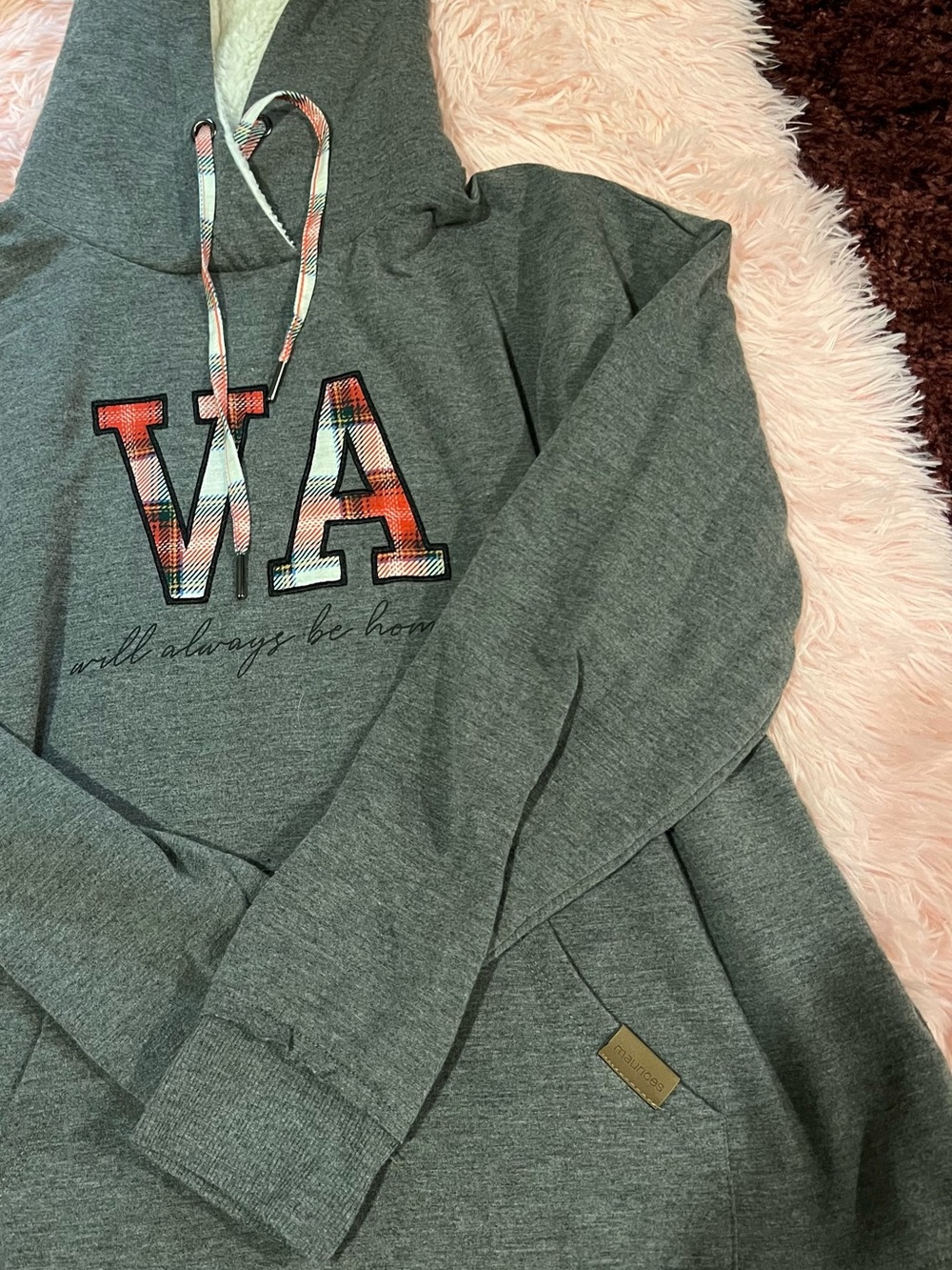 Cozy Gray Hoodie with Plaid 'VA' Lettering